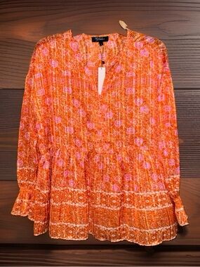 NWT RD & Koko Orange & Pink Floral Tiered Peasant Top w/Metallic Threading-L